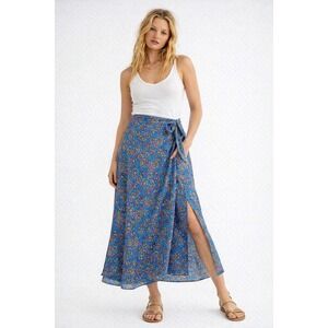 Iris Imports Reversible Silk Wrap Skirt OS Blue Floral Paisley Boho Cottage